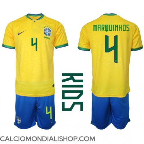 Maglie da calcio Brasile Marquinhos #4 Prima Maglia Bambino Mondiali 2022 Manica Corta (+ Pantaloni corti)